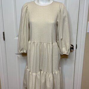 Draper James RSVP Gold & Cream Shimmering Houndstooth Puff Sleeve Dress, Size XS